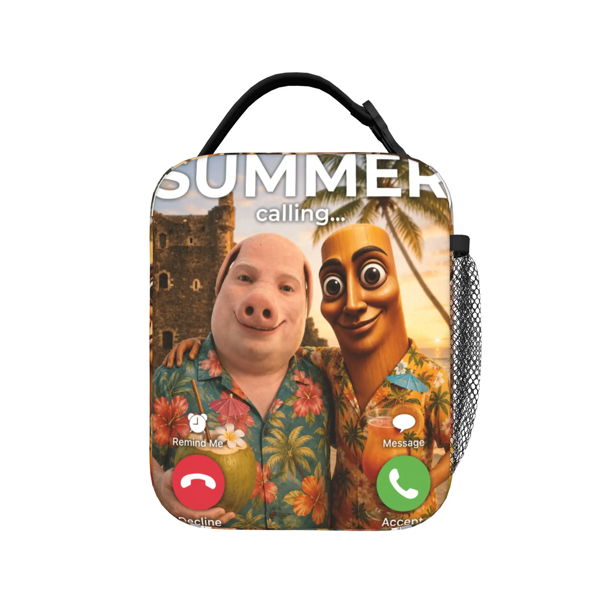 Tropical Beach Summer Meme Joke Tung Sahur John Pork Lunch Bag For Unisex  Lunch Box Retro Travel Cooler Bag Oxford Lunch Bags