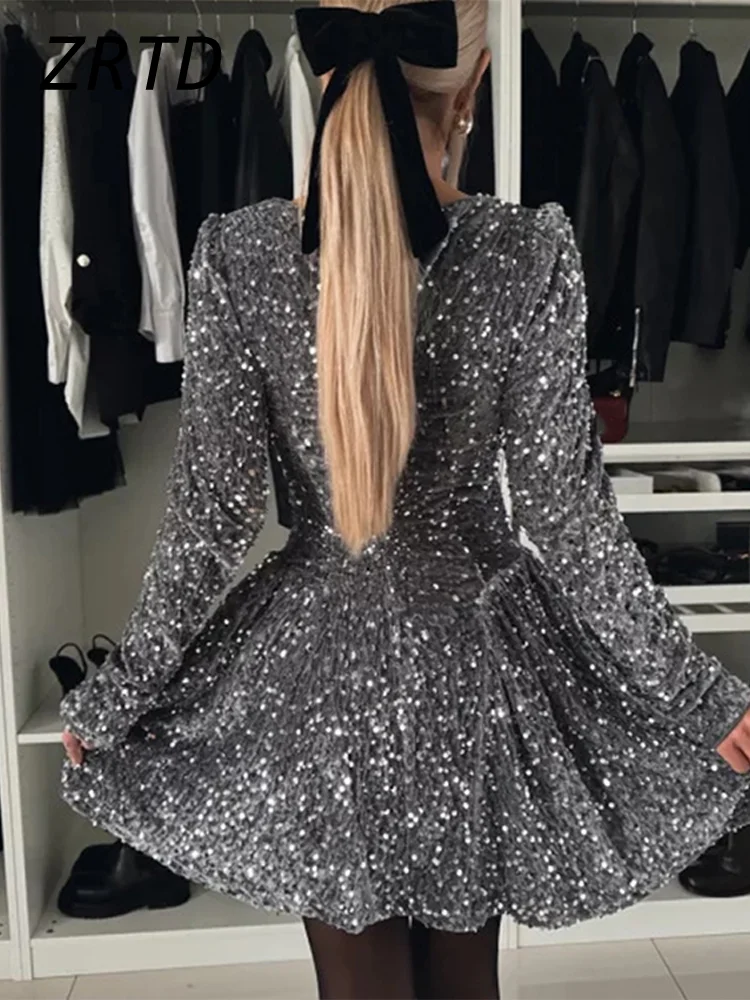 Sequined Velvet  A-line Short Party Dress Women Sexy Square Collar Long Sleeve Pleated Dresses 2025 Lady Glitter Solid Ball Gown