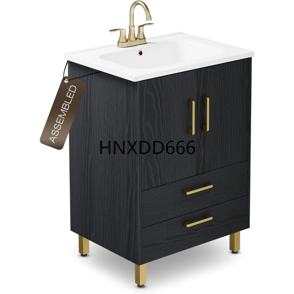 حمام 24 بوصة، بابين إغلاقين ناعمين ودرجين، مع مجموعة حوض مفردة بثلاث فتحات، صنبور غير متضمن، خزائن حمام