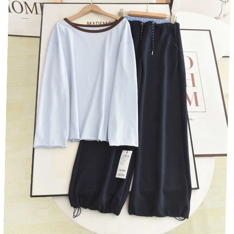 

Women's Long Sve round Ne T-irt High Waist Casual Pants Two Piece Set Color Blo Slimming Effect Autumn Faion