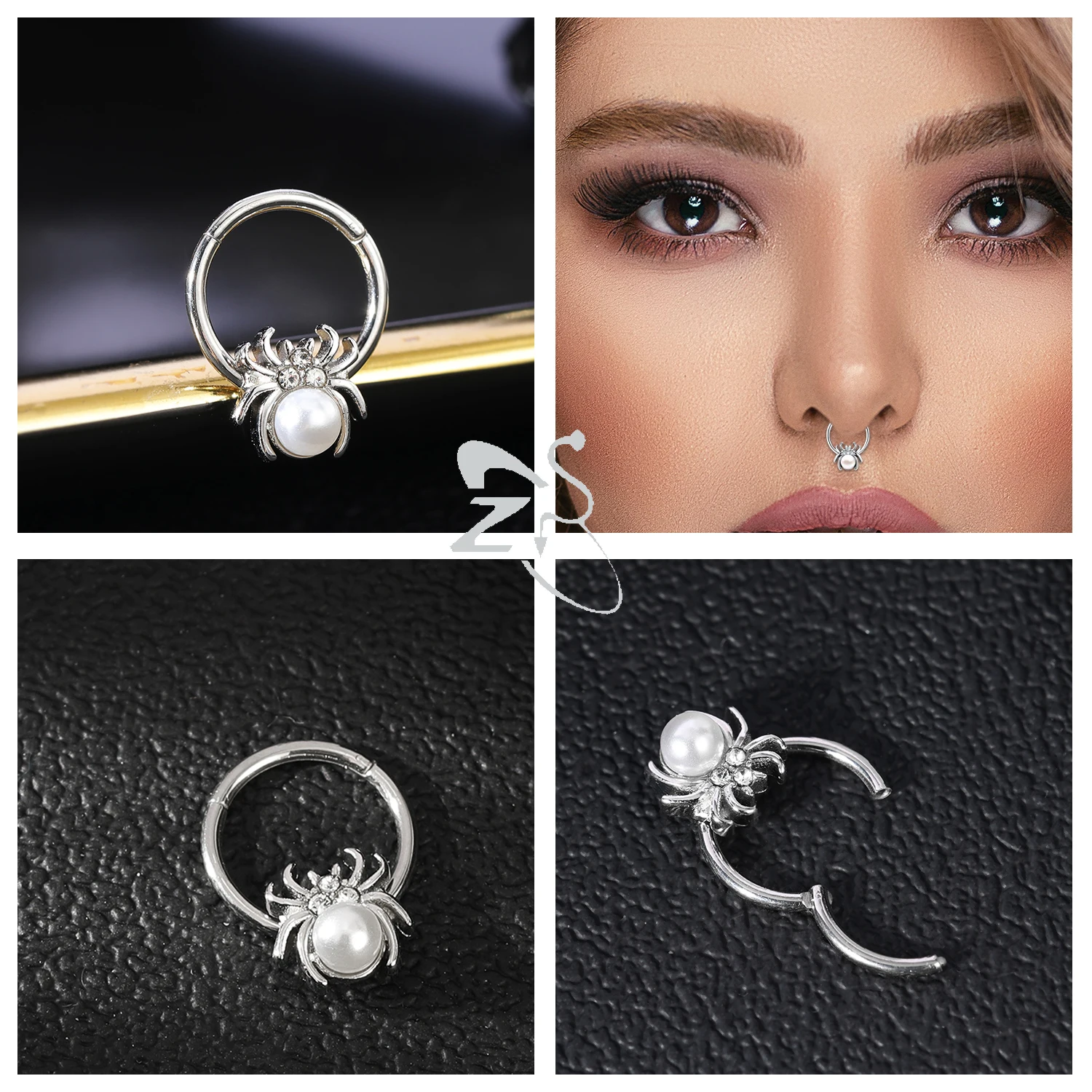 ZS 1PC Butterfly Spike Septum Nose Clicker Copper Crystal Nose Rings Stainless Steel Cartilage Earring Helix Tragus Piercing 16G