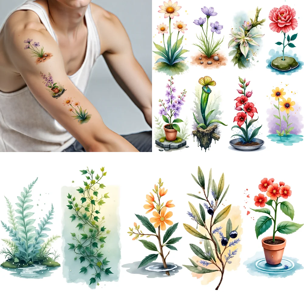 

9pcs Temporary Tattoo Botanical Art Watercolor Floral Tattoos Temporary Tattoo Stickers For Girls Chest Children