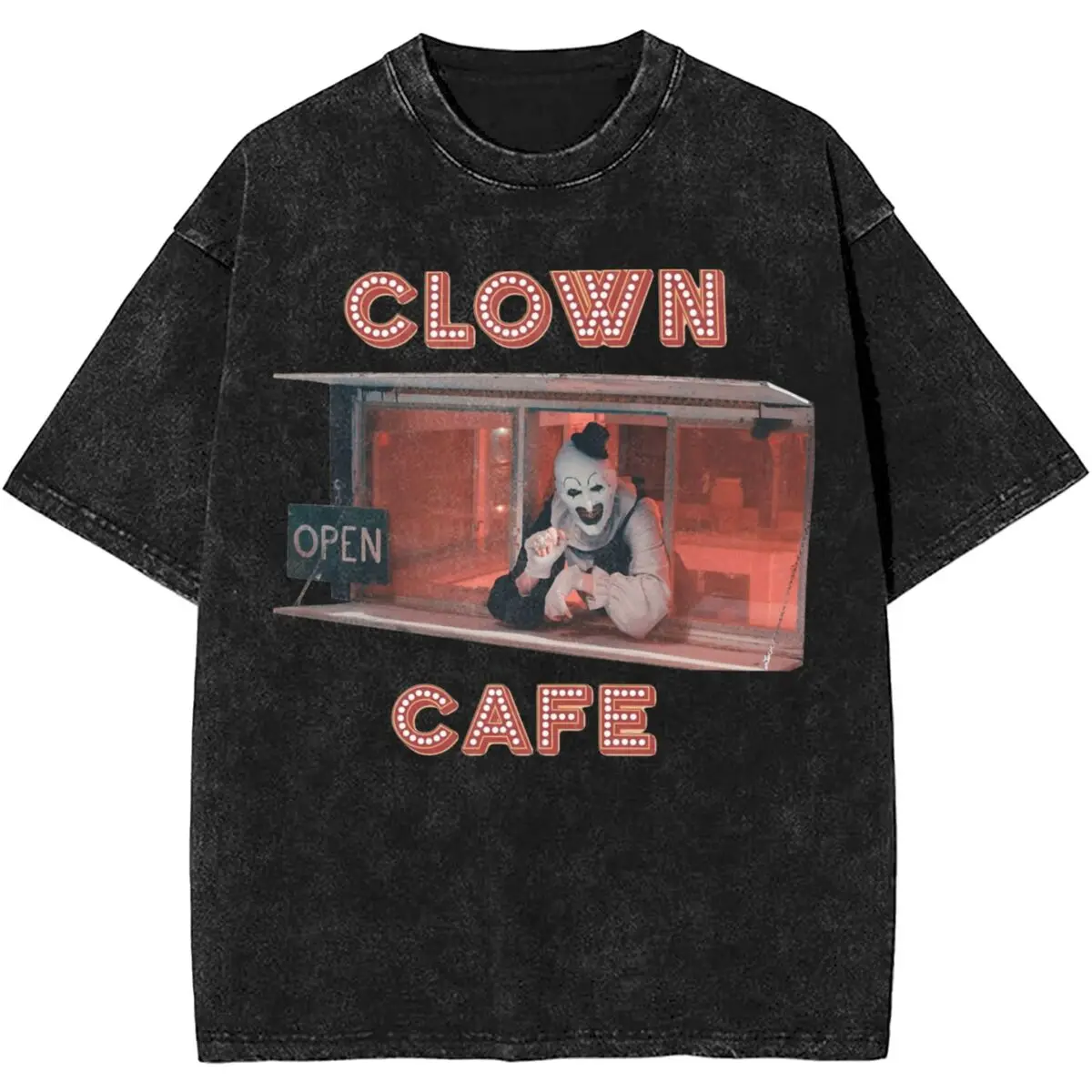 2024 New Design Terrifier 2 Clown Cafe T Shirt Apparel for Men Women Horror Movie Halloween Washed Tee Shirt Oversize T-shirt