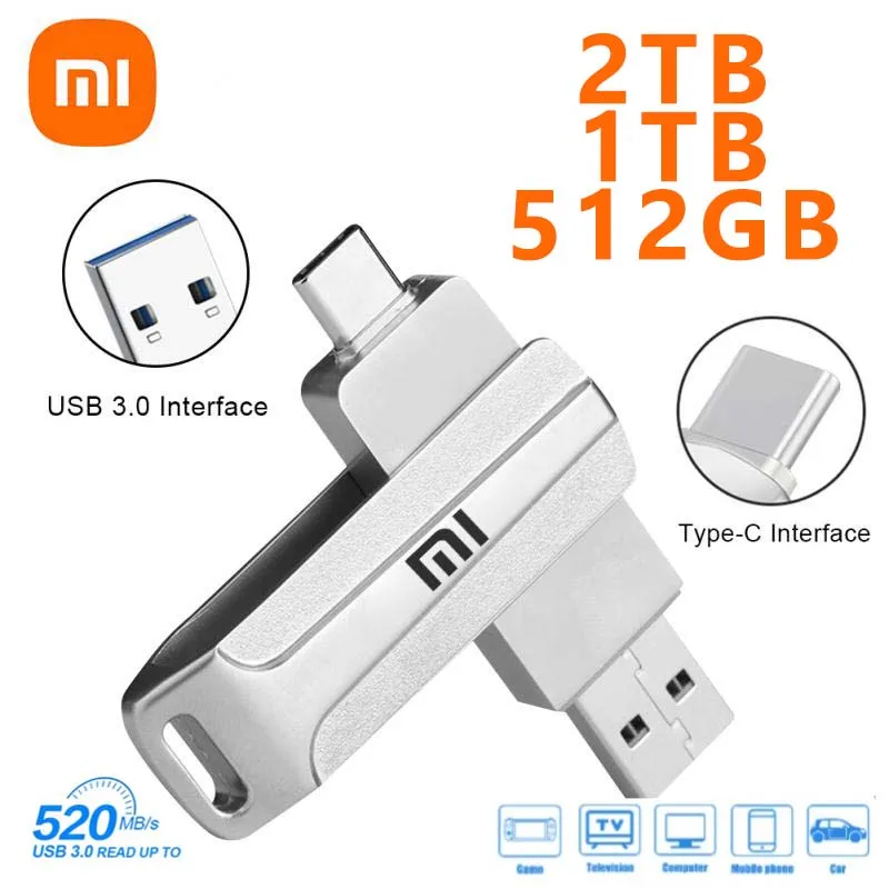 Unidades Flash USB Xiaomi 3,0 2TB Metal Pendrive de alta velocidad 512GB 1TB Memoria USB resistente al agua Unidad portátil Disco Flash USB para PC