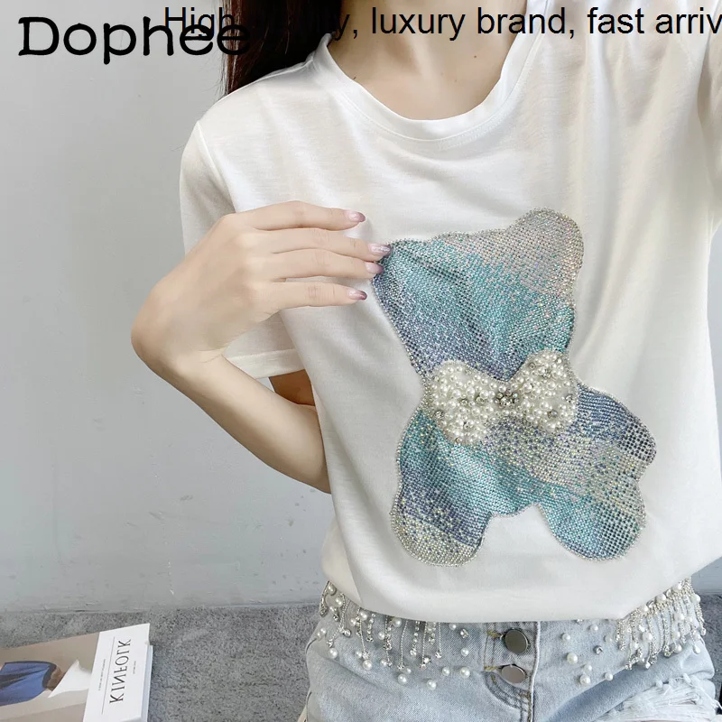 

Diamond Heavy Beads White Short-Sleeved T-shirt Women 2023 Summer New Loose Casual Cute Cartoon Bear Tshirt Top Mid-Length Tees