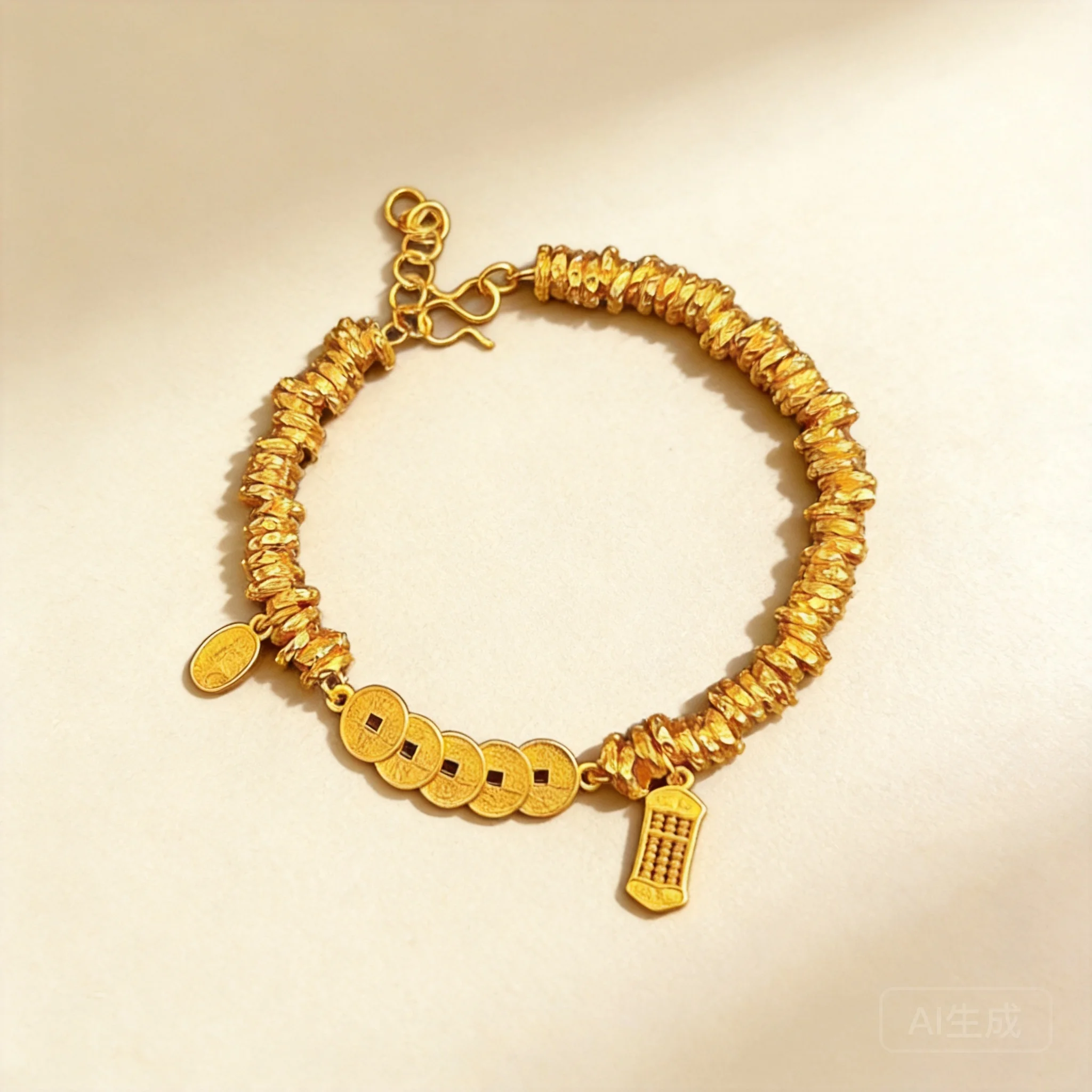 

24k Real Gold Plated Chinese Style Lucky Five Emperor Coins Abacus Irregular Crushed Gold Beads Bracelet For Women Good Fortune