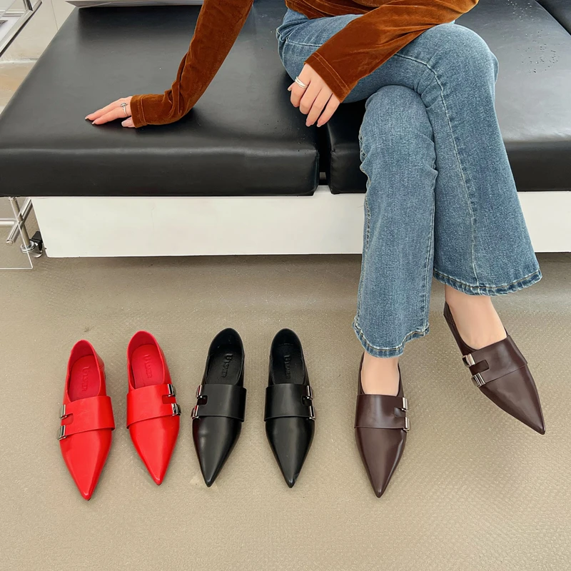 

SUOJIALUN 2025 Autumn New Brand Women Flat Shoes Fashion Pointed Toe Slip On Boat Shoes Soft Flat Heel Casual Dress Single Shoes