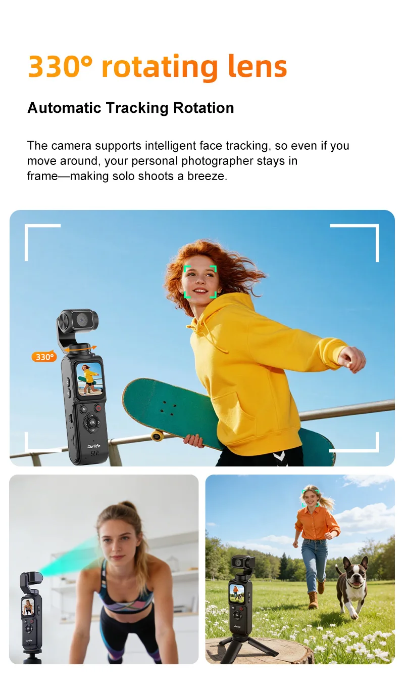 Ourlife 4K Pocket Action-Kamera 330 ° Auto-Rotierende Sportkamera mit Touchscreen, Gesichtsverfolgung und tragbarem Vlog-Videorekorder – Detail 9