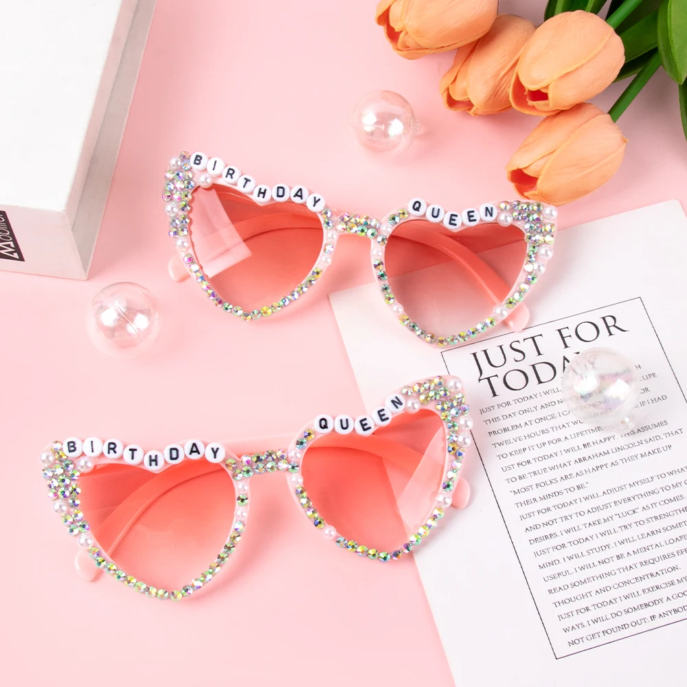 Urodziny królowej różowe okulary przeciwsłoneczne urodziny okulary fotograficzne dziewczyny prezent urodzinowy perłowe diamentowe okulary przeciwsłoneczne Party prezent