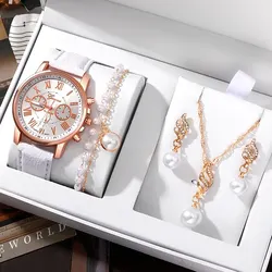 Womens Fashion Watches Luxury Rhinestone Necklace Bracelet Earrings Set Elegant Causal Wristwatch Quartz Watch For Ladies Clock