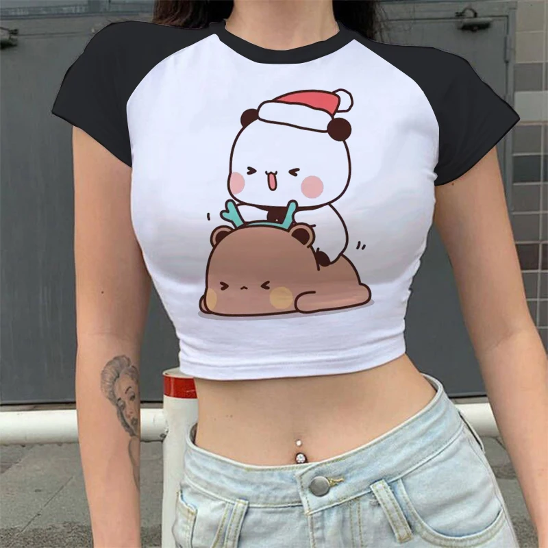 Cartoon Panda Bear Bubu e Dudu T Shirt donna Top Kawaii stampato Harajuku Ullzang Tees o-collo Anime femminile Crop Top estate