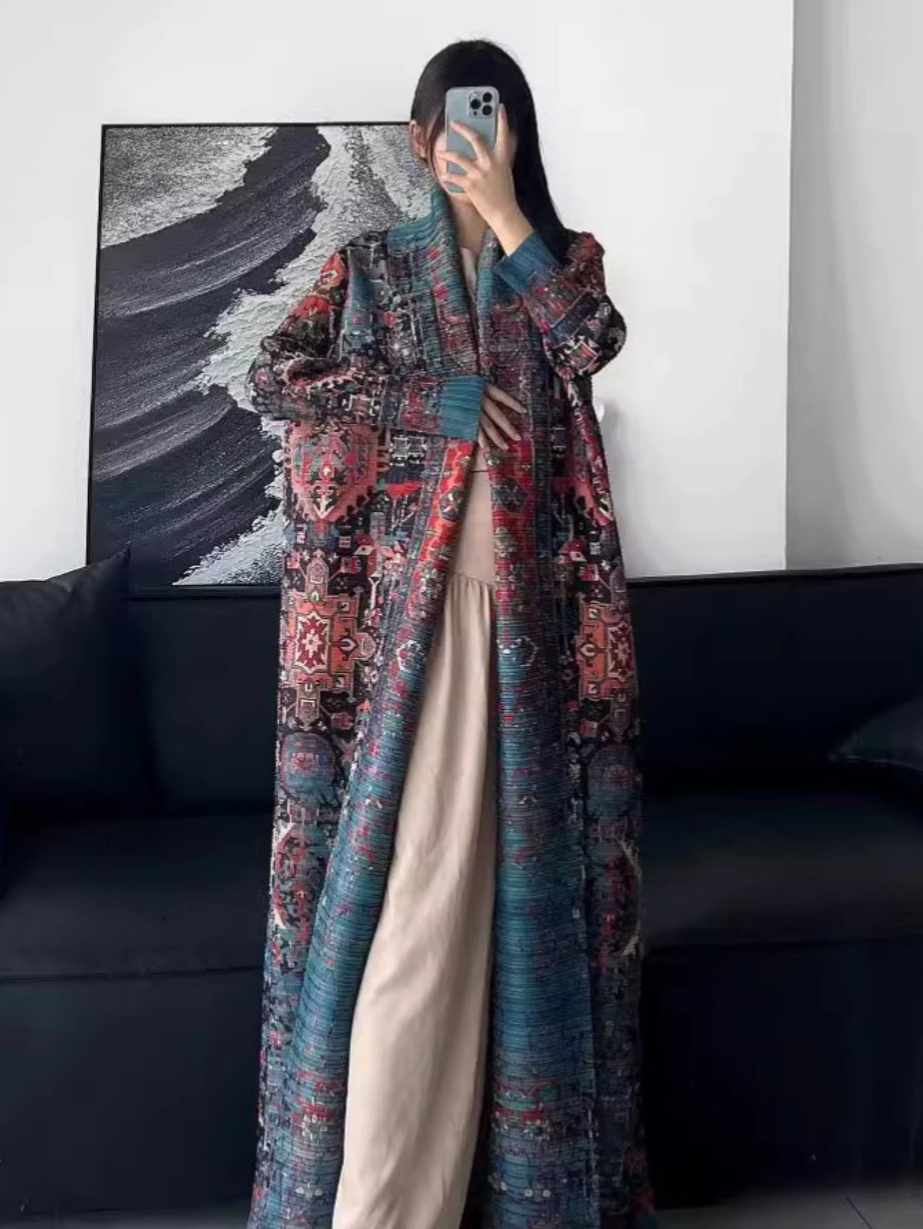 

Miyake плиссированная Абая женский дубайский мусульманский кафтан с винтажным принтом и длинным рукавом Марокко 2025 оригинальный дизайнерский кардиган длинные пальто