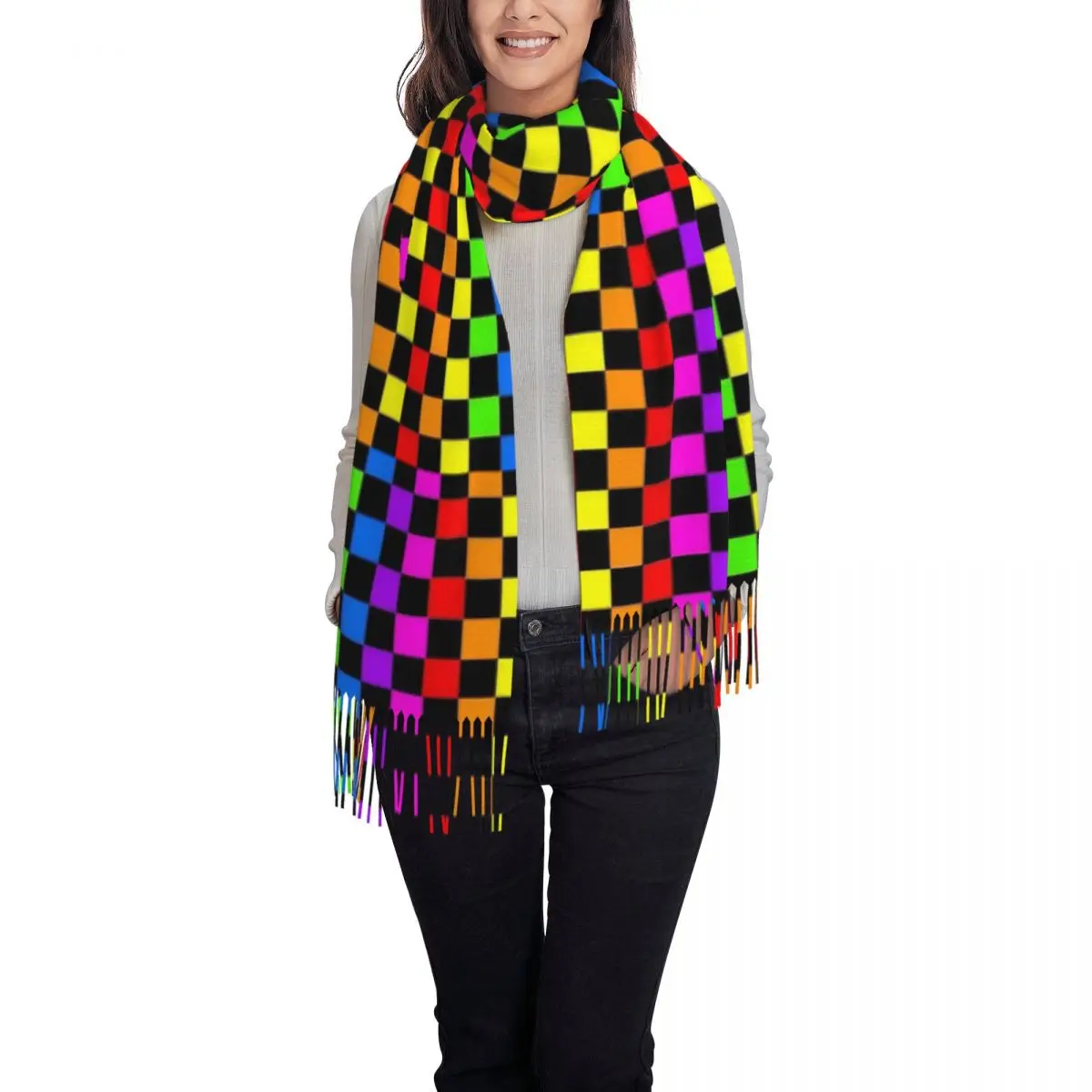 Радужный шарф в клетку с клетчатым узором, шарфы с кисточками, женские мягкие теплые шали и накидки, большая осенне-зимняя шаль