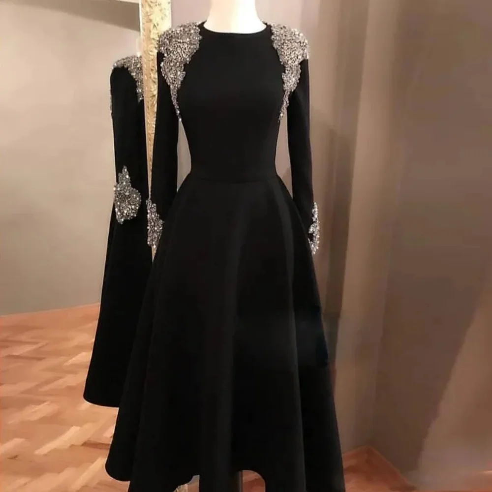 New Black Formal Dress Beading Appliques O-Neck Long Sleeves A-Line Evening Dress Tea-Length Party Dress 2024 Homecoming Dress