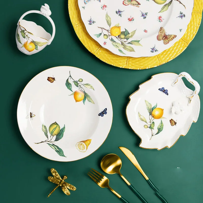 Nordic lemon ceramic food plate teapot sugar bowl household irregular plate salad platter tableware dishes dish sets bone china