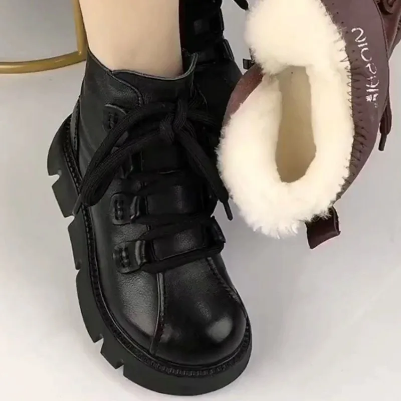 Snow Boots Womens Cotton Boots 2024 New Plush Warm Lace-up Shoe Soft Leather Anti Slip Thick Soles Elevated Motorcycle Boot