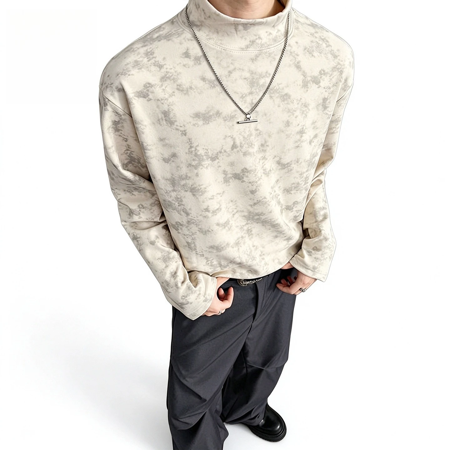 C 2026 New Men Tie Dye Mock Neck Thermal Shirt Fleece Lined De Velvet Long Sleeve Loose Basic Undershirt Autumn Winter Warm Top