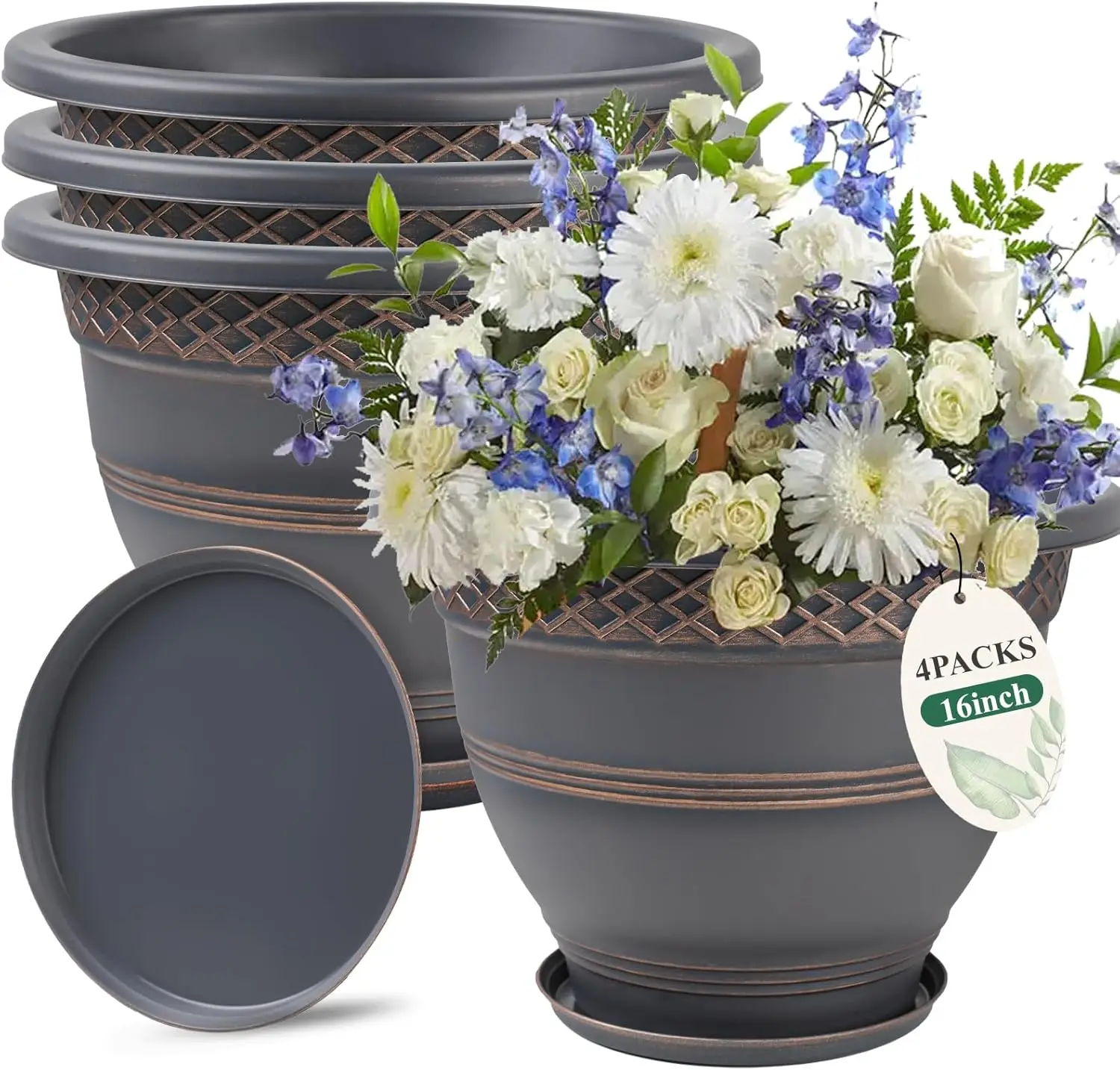 

4 Pack 16 Inch Large Plant Pots with Drainage Holes & Saucer, Plaid Pattern for Indoor Outdoor Garden