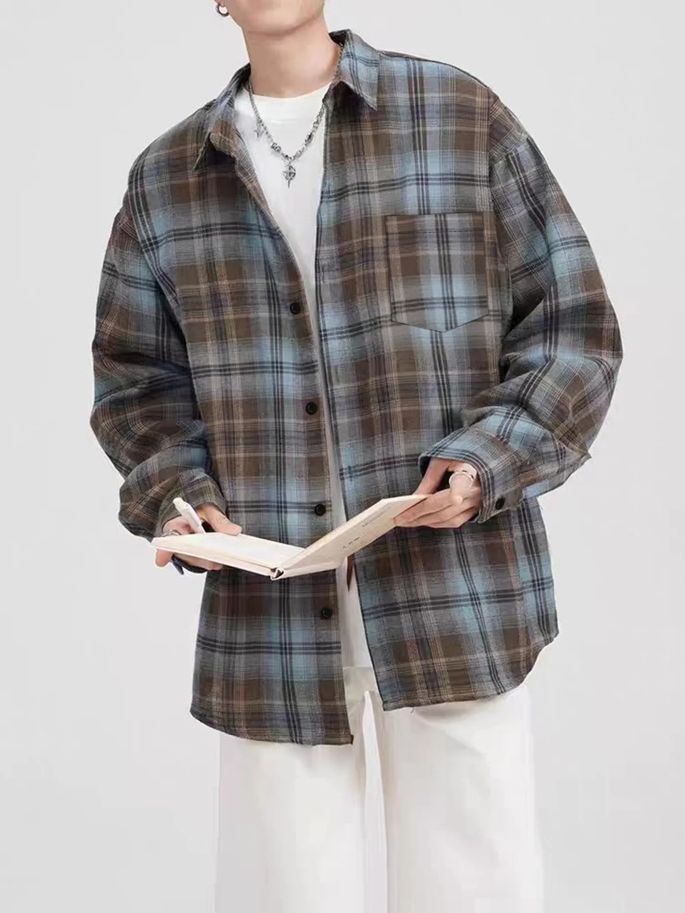 

Весенне-осенняя американская винтажная базовая универсальная рубашка цвета хаки в клетку с длинными рукавами, простая рубашка для верхней одежды