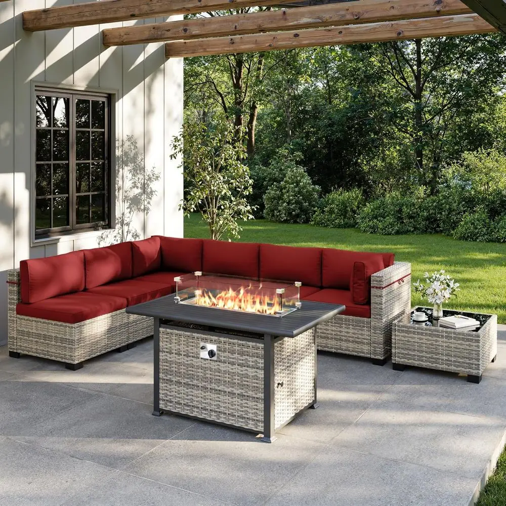 

8-Piece Outdoor Patio Furniture Set with 55,000 BTU Fire Pit, Weather-Resistant PE Wicker Rattan Sectional Sofa - Red