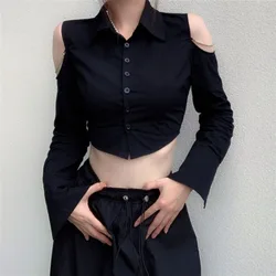 Off-shoulder Shirts Women Crop Sexy Style High Street Single Breasted Casual Femme Solid Korean Turn Down Collar Hot Sale Autumn