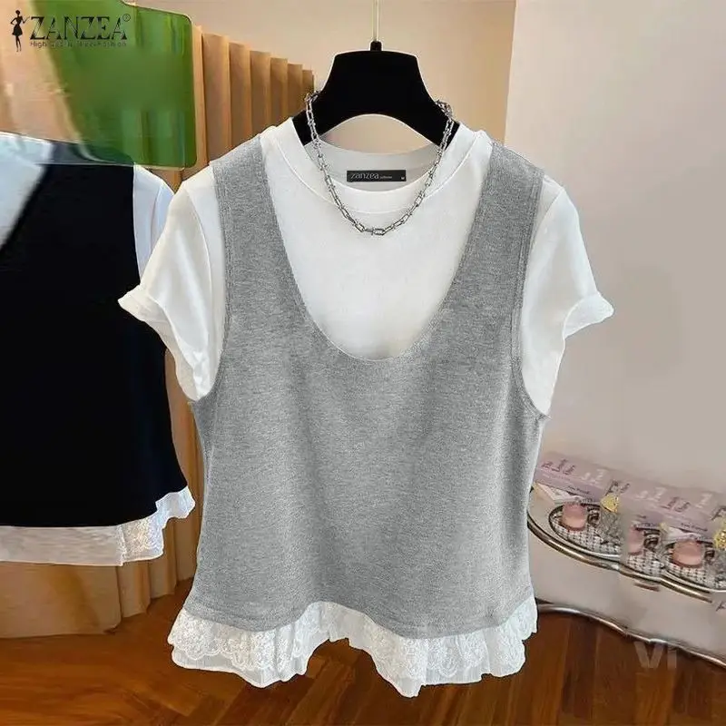 

ZANZEA Stylish Summer Fake 2 Piece Blouse Women Tops Elegant Work Shirt Patchwork Mujer Tunic Casual O Neck Short Sleeve Blusas