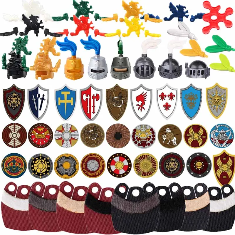 MOC Medieval Knights Building Blocks Accessories Plumes Pauldron Fence Helmet Shield Plush Cloak Soldier Weapons MOC Mini Bricks