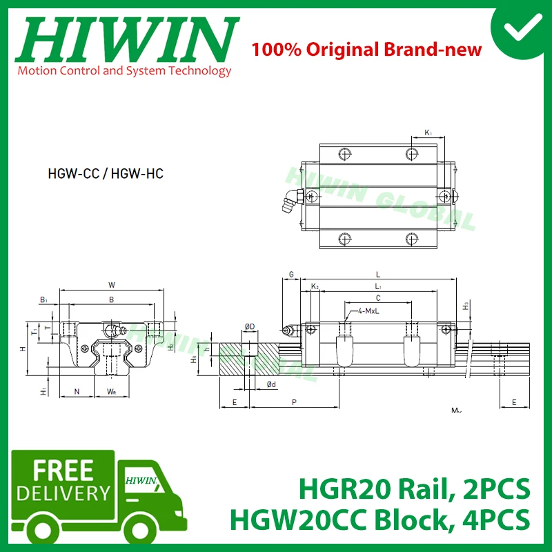 Original HIWIN Linear Guide HGR20 200 300 400 500 600 700 800 900 1000 1100 1200 1500mm Rail HGW20CC Carriage Slide CNC Router