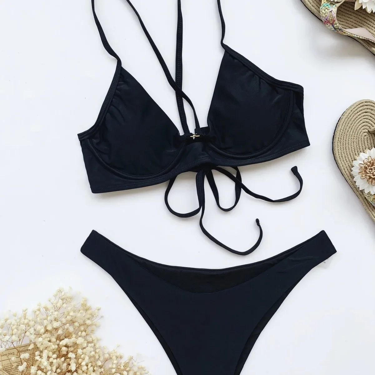 Traje de baño negro con cordones en la espalda, conjuntos de Bikinis con aumento, traje de baño Sexy para Mujer, traje de baño con microtanga, Mini Bikini 2025, bikinis para Mujer