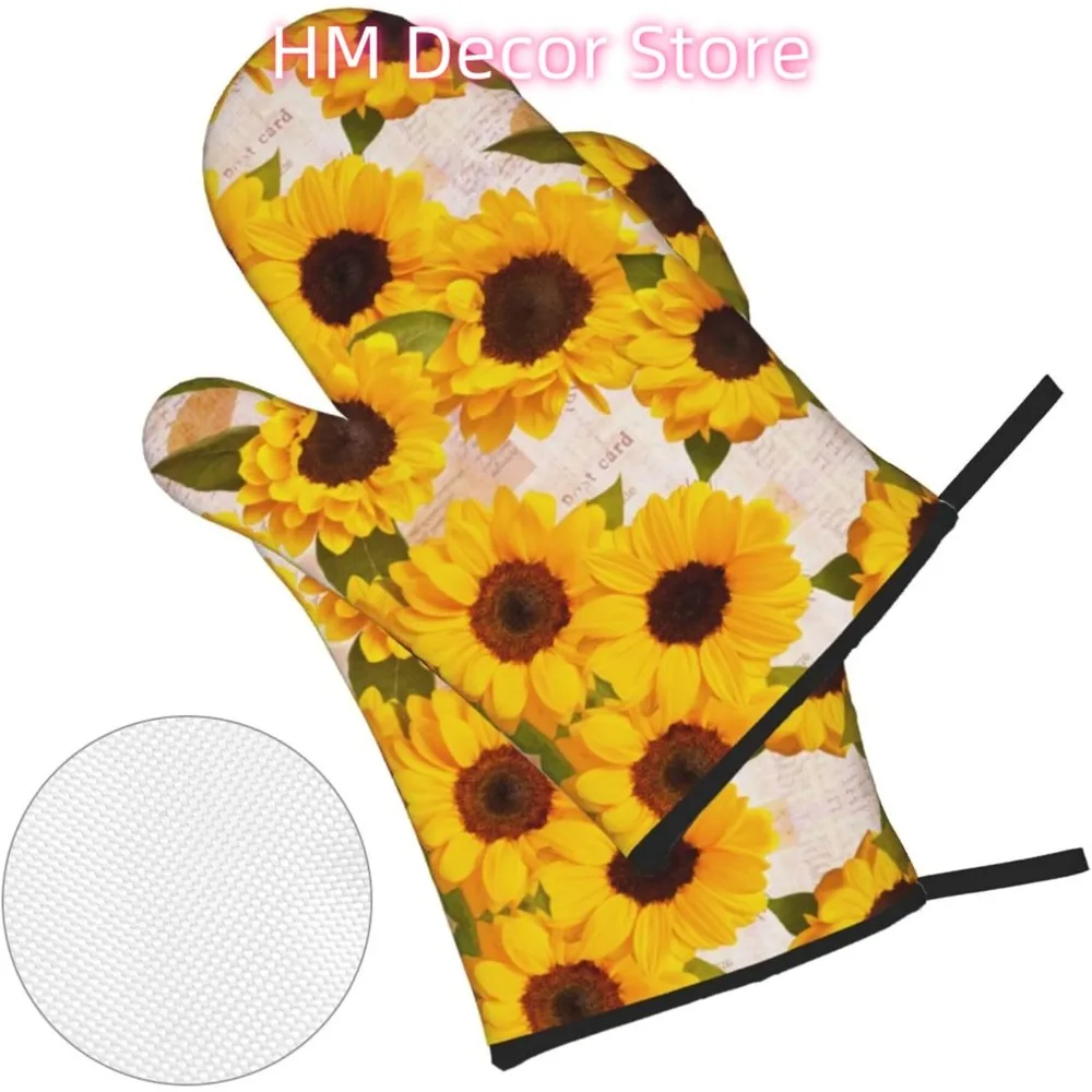 Sunflowers Paper Textures Oven Mitts and Pot Holders Sets of 4, Country Style Cooking Gloves Non-Slip Heat Resistant Polyester O