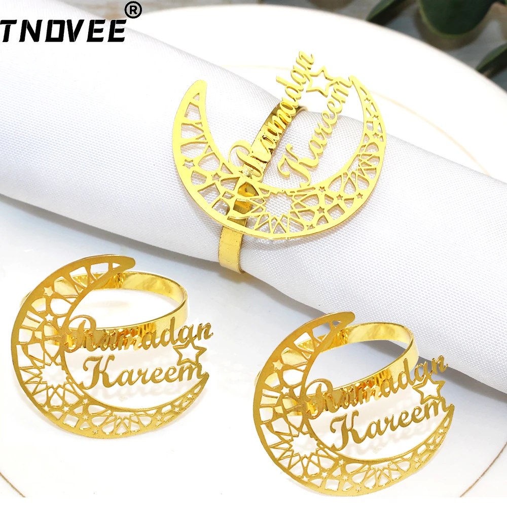 12Pcs Ramadan Napkin Rings Gold Moon Napkin Holder Hollow Out Napkin Buckle for Ramadan Wedding Holiday Party Dinner Table Decor