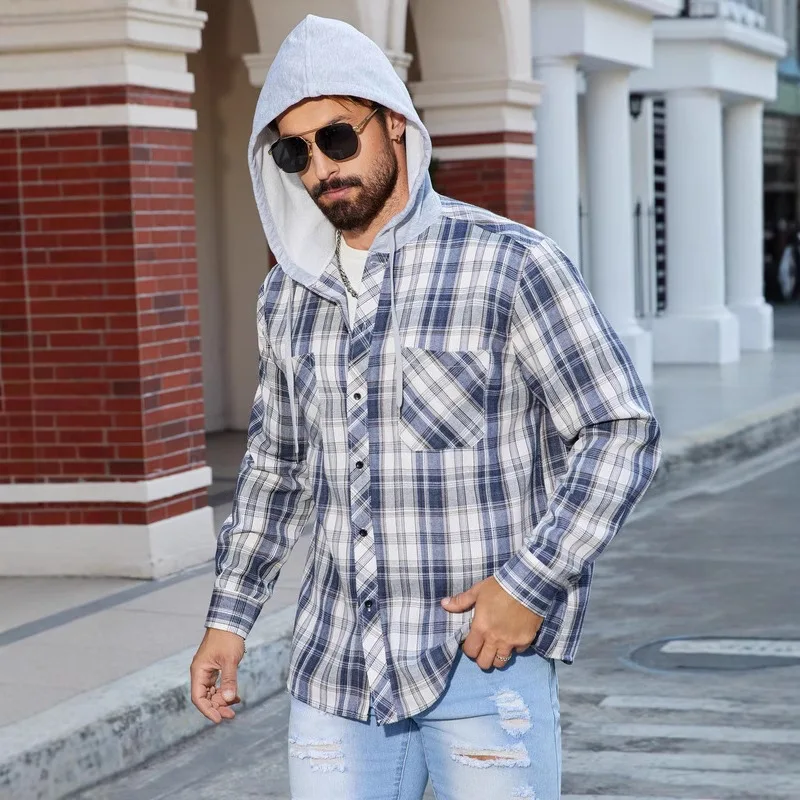 Plaid Hooded Long Sleeve Shirt Men's Loose Casual Outerwear