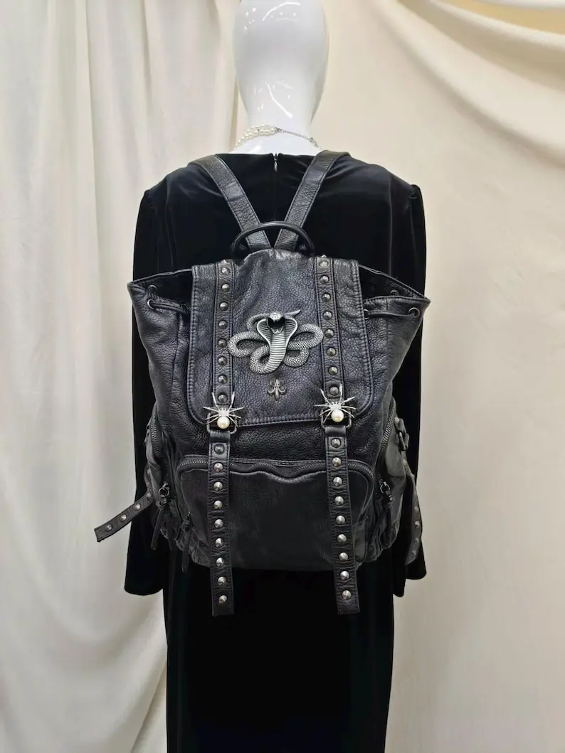 Black Pebbled Faux Leather Backpack Silver Cobra Spider Pearl Studded Hardware Gothic Grunge Y2K Bag