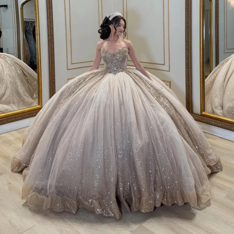 

Champagne Shiny Quinceanera Dresses Off The Shoulder Beading Crystal Corset Tull Party Birthday Sweet 16 Dress Vestidos 15 De