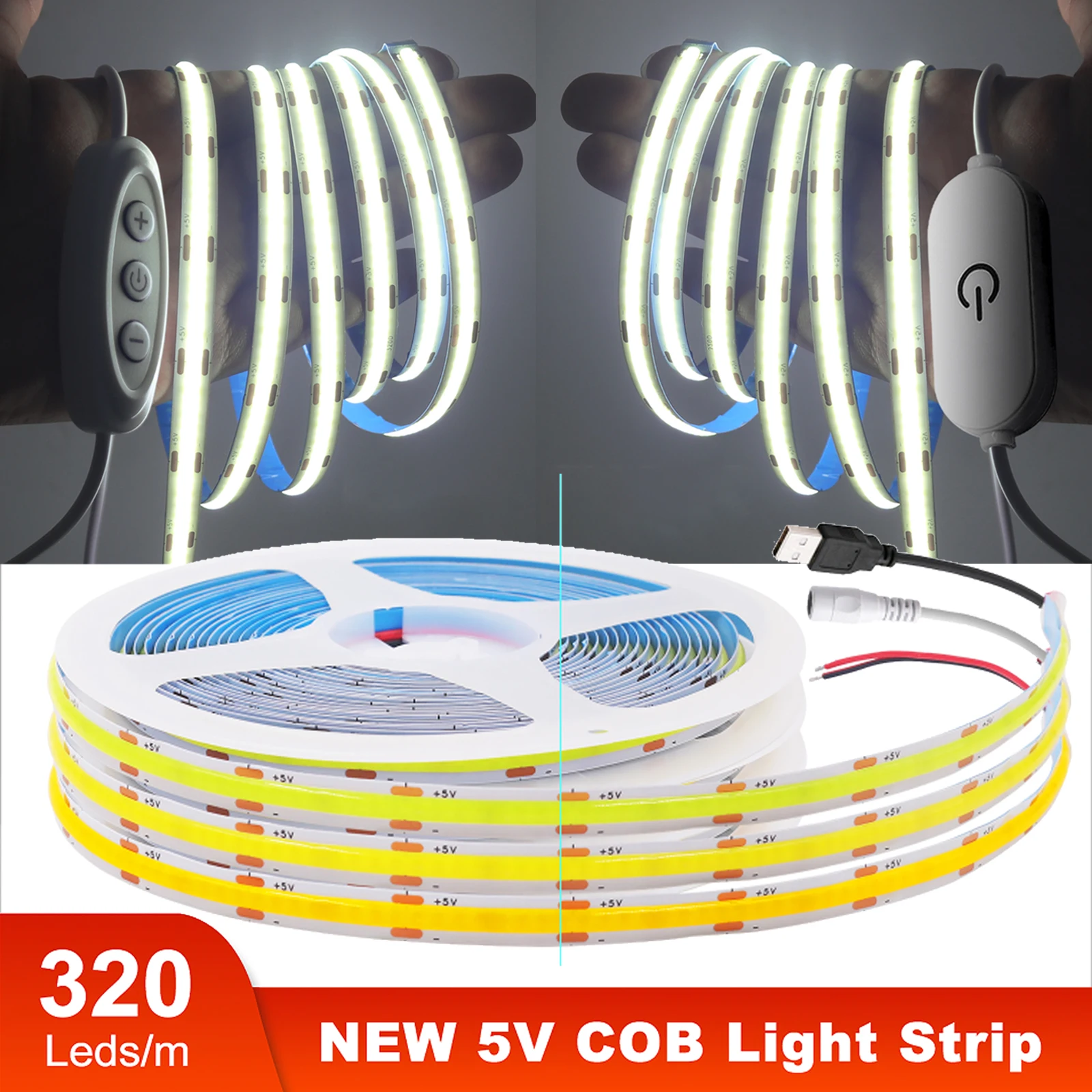 

New USB 5V COB LED Strip Light With Switch Touch Sensor Dimmable Lamp 320LED High Density Linear Lighting Flexible Led Tape