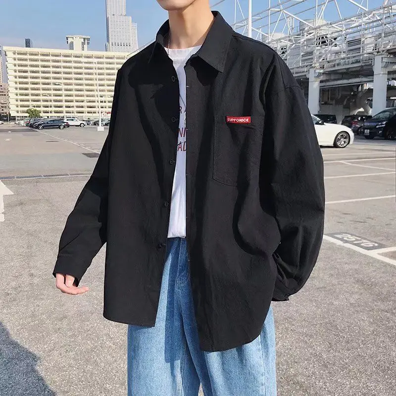 

Retro Hong Kong Sle Long Sve Men's irt Loose Outerwear Student Trendy Top Polyester Stand Fit Daily Wear Four Seasons