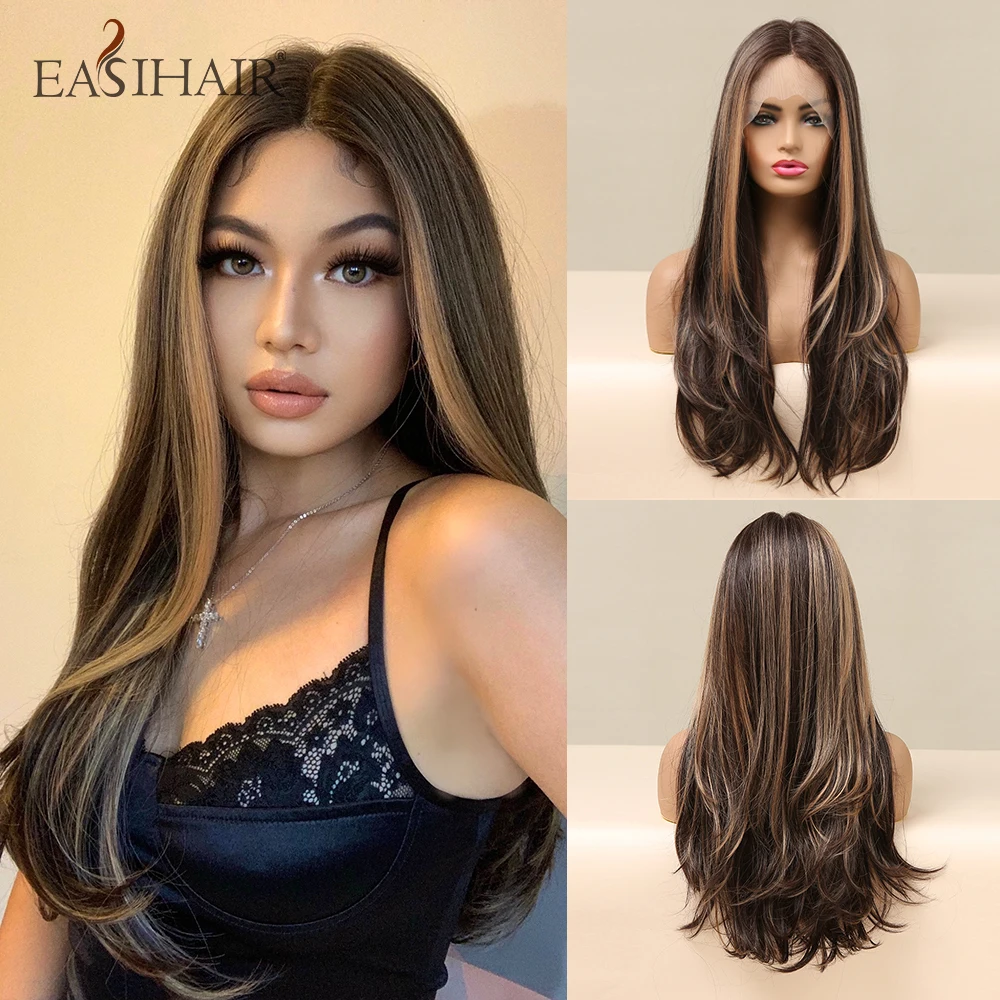 EASIHAIR Long Brown Lace Front Synthetic Natural Hair Wigs Blonde Highlight Lace Frontal Wig for Women Cosplay Wigs High Density