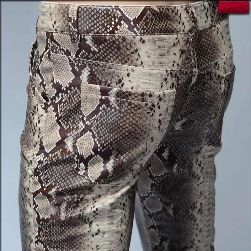 2024 Fashion Men Slim Faux Python Snake Print Leather Pants Men's Personality PU Leather Trousers Chandal Male High Quality