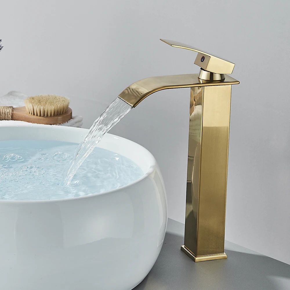 

Brushed Golden Basin Faucets Elegant Waterfall Bathroom Sink Faucet Single Lever Hole Deck Mount Brass Mixer Taps