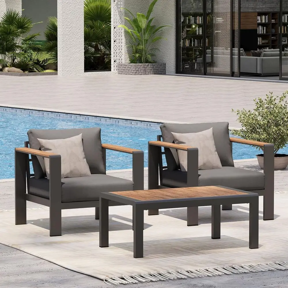 

3-Piece Graphite Outdoor Patio Furniture Set with Cushions for Balcony, Deck, and Yard