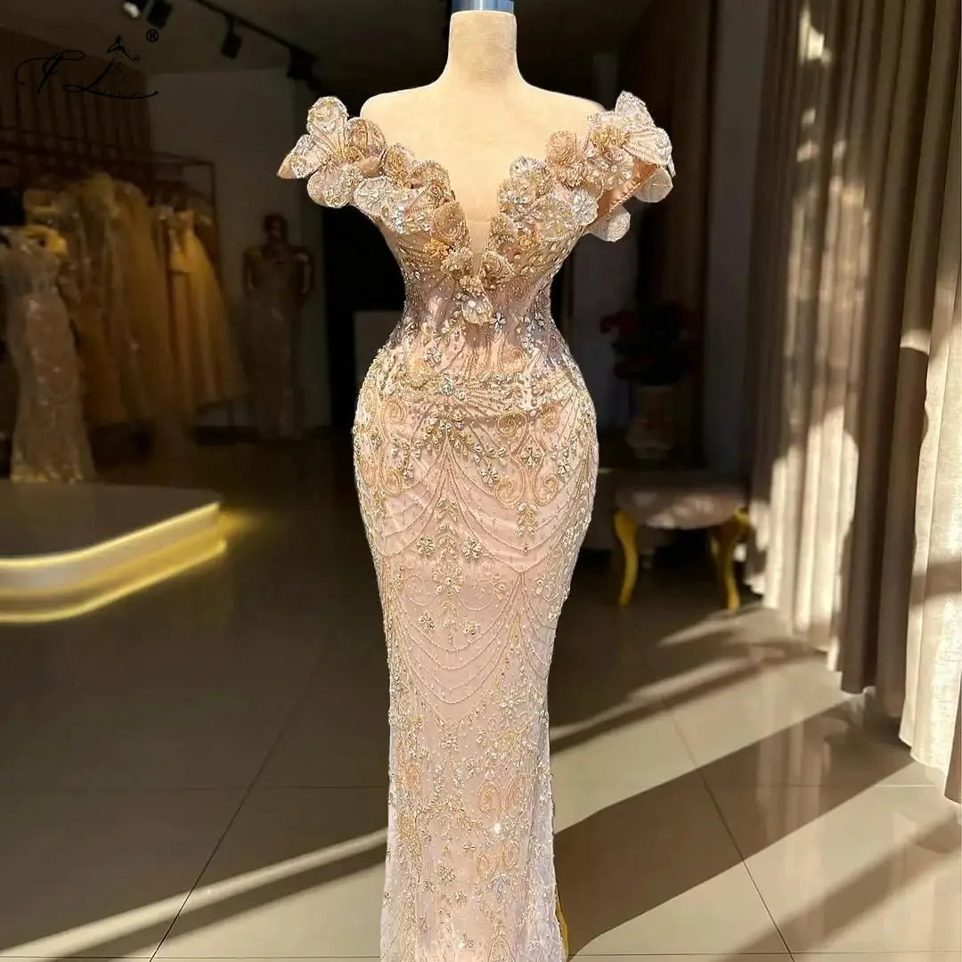 V-neck Evening Gown with petal-shaped crystal mermaid dress shrimp pink fitted long ball gown formal events wedding party dress