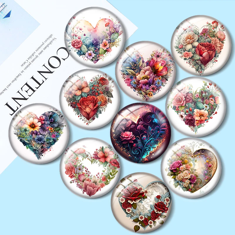 

Colorful flowers Make Love10pcs12mm/16mm/18mm/25mm Round Photo Glass Cabochon Demo Flat Back Making findings