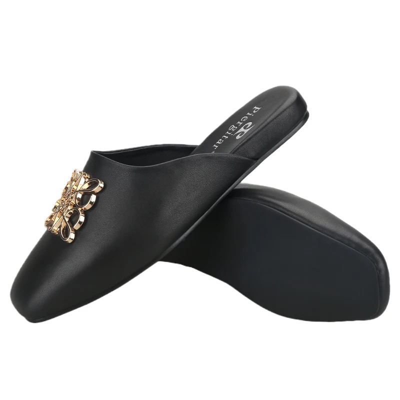 Piergitar Handcrafted Black Calfskin Men's Mules Spanish Style Luxurious Brand Gold Metal Buckle Slip-On Slippers Leather Insole