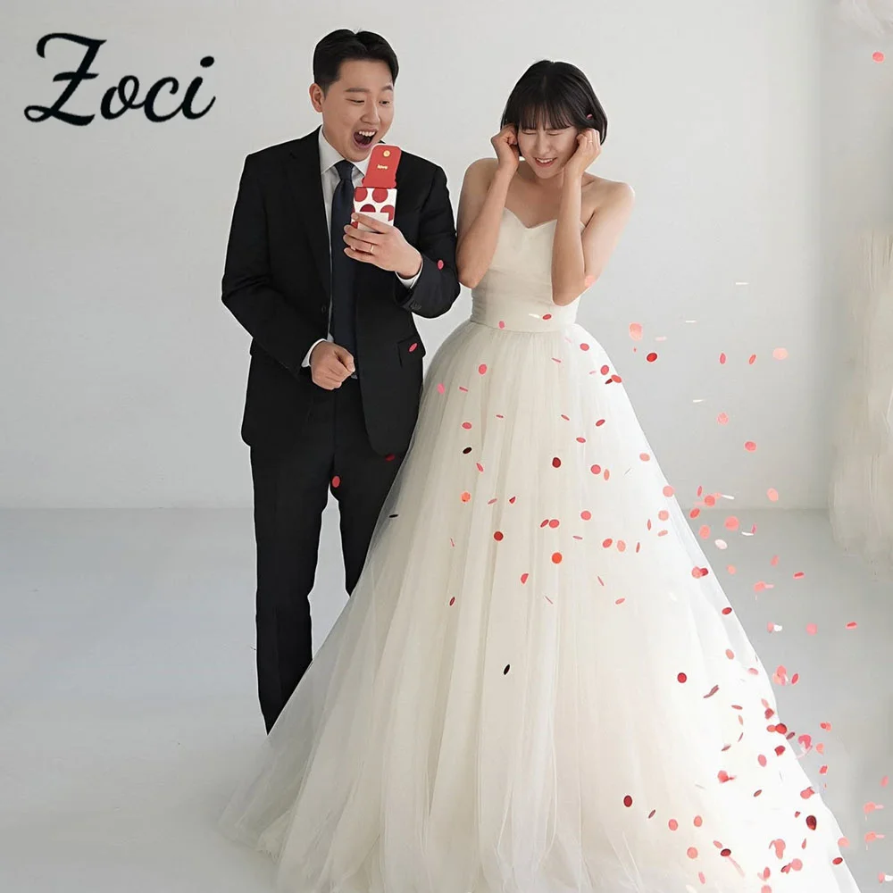 

Zoci Elegant Sweetheart Korea A Line Wedding Dresses Customized Fairy Tulle Photos Shoot Dress Floor Length Puffy Bridal Gown