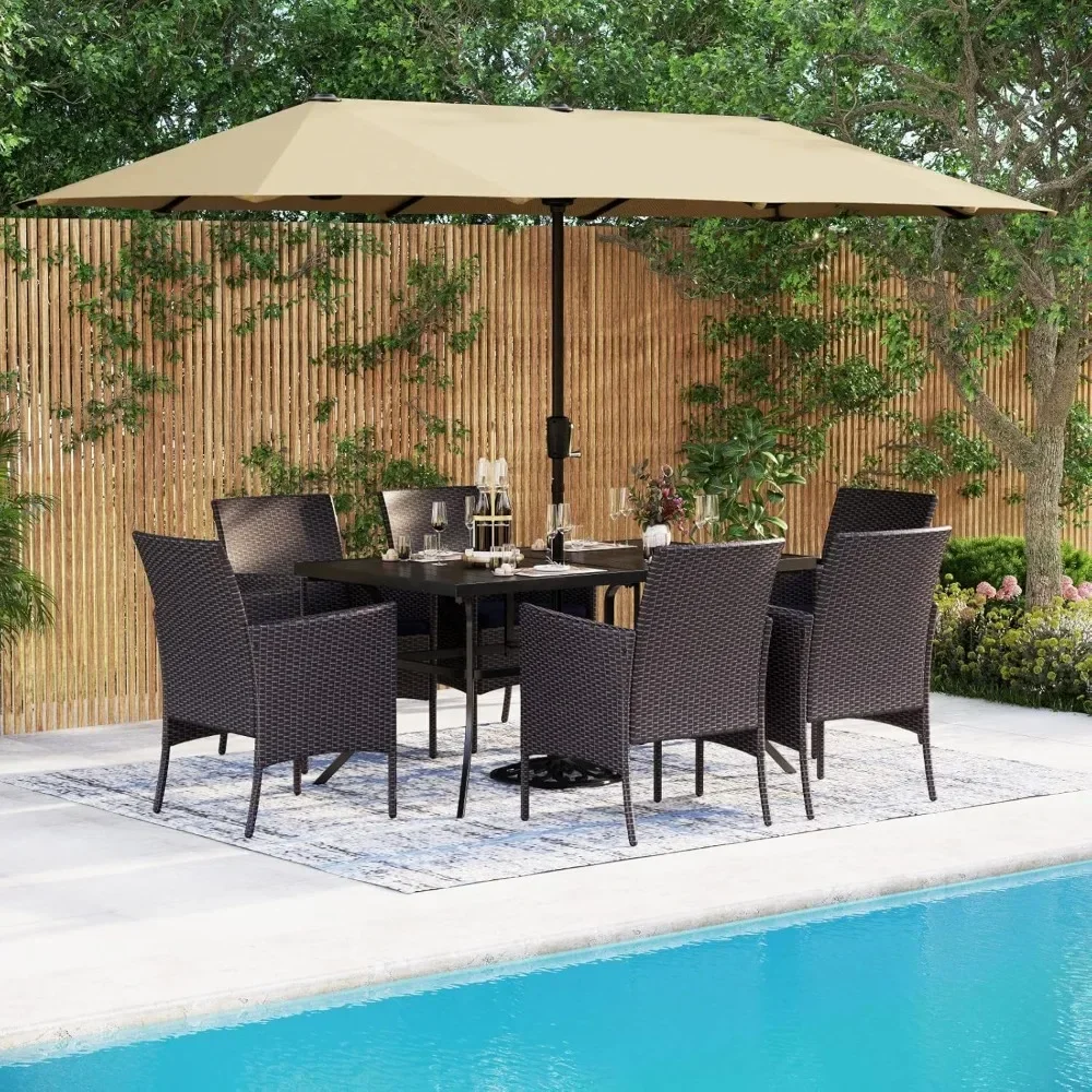 8-teiliges Terrassen-Essmöbel-Set, großer Metalltisch und 6 PE-Rattan-Sofa-Esszimmerstühle, Esstisch und Stühle für den Außenbereich