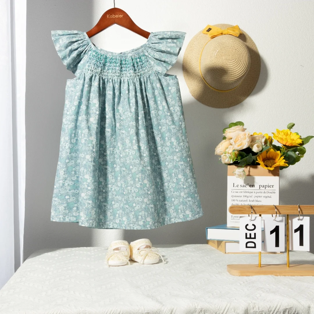 Blumen-Sommerkleid für Mädchen im Alter von 1, 2, 3, 4, 5, 6 Jahren, Smockdesign mit fliegenden Ärmeln, für Babys und Kleinkinder, tägliche süße Kleidung – Detail 20