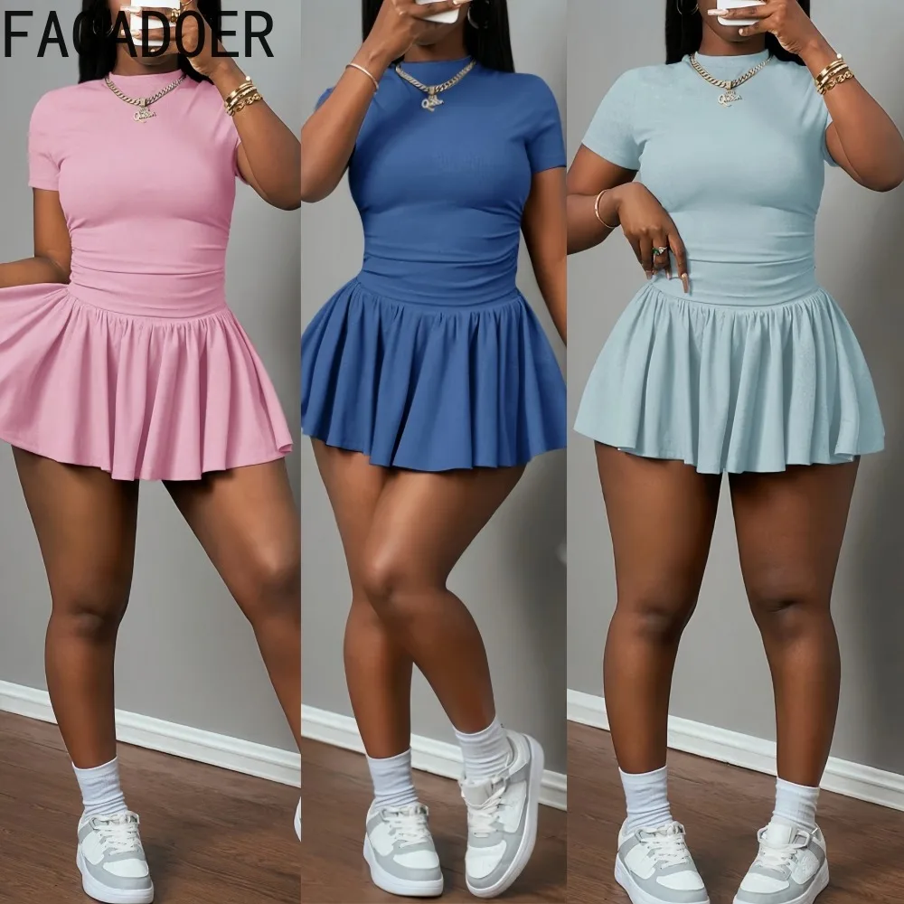 FAGADOER Casual Sports Ribbing Two Piece Outfits Woman Solid Color Short Sleeve Crop Top and Pleated Skirt Female Clothing 2025