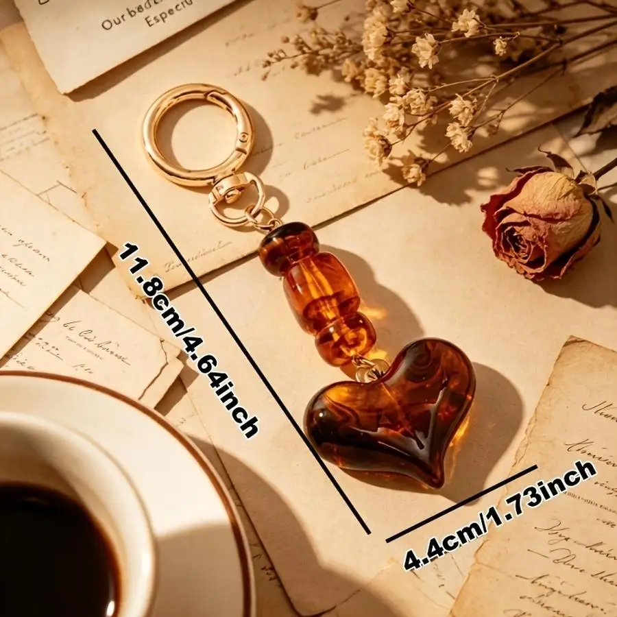 1/5/10/20/50/100pcs /s Vintage Amber Heart Keychain, Brown Turtle-Patterned Pendant with Beads, Keychain with Gold Spring Ring C