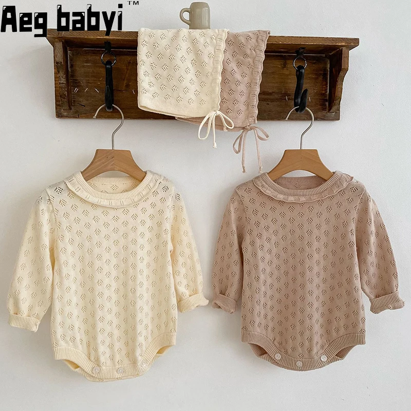 

Newborn Clothes Baby Girl Bodysuits Knitted Long Sleeve Cotton Soft Infant Jumpsuit Solid Color Hollowed Out Spring Clothing