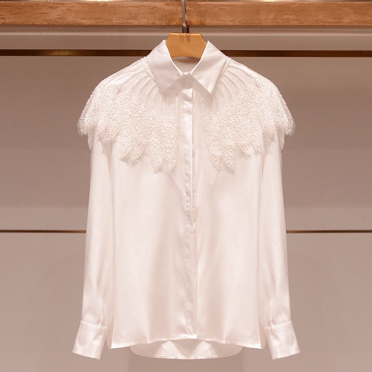 

Slimming Effect Long Sve irt Spring 2025 New Sle Collar Sequin oulder Wrap White Top Women's Faion Commute Sle